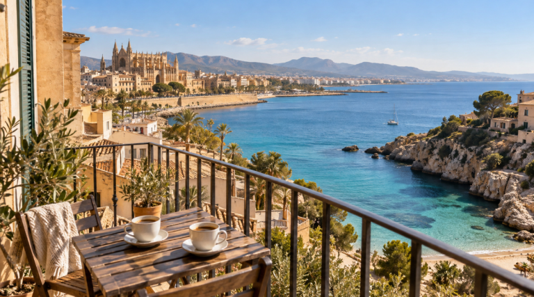 Pogled z balkona apartmaja na obalo in mesto Palma de Mallorca