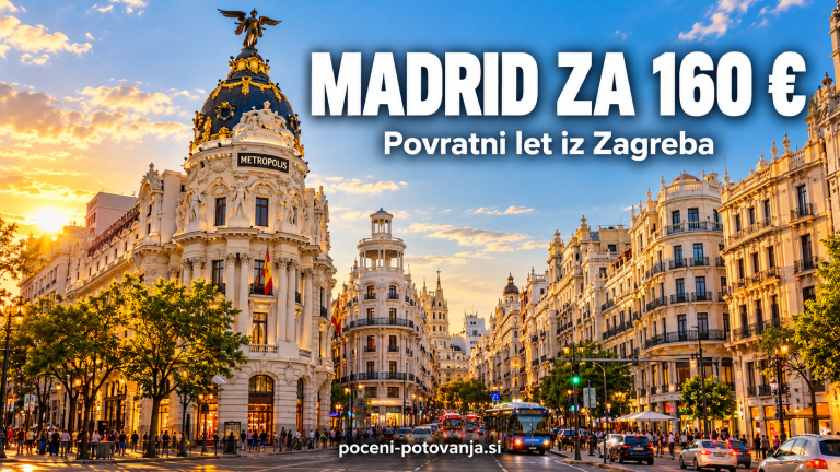 Madrid za 160 € – stavba Metropolis ob ulici Gran Vía ob sončnem zahodu