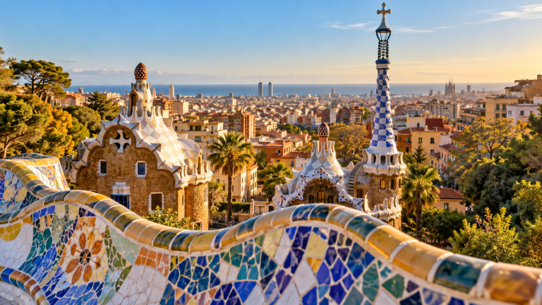 Pisani mozaiki parka Güell z razgledom na Barcelono in morje.